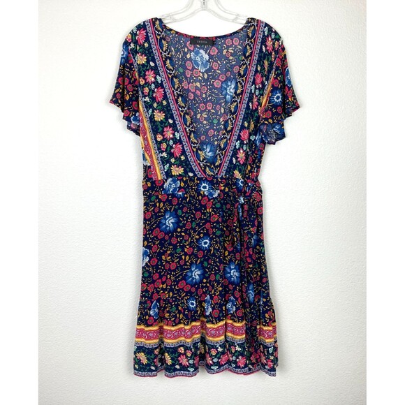 Zesica Women’s Mini Wrap Dress Size L Blue Red Floral Flutter Sleeve Boho - Picture 1 of 8